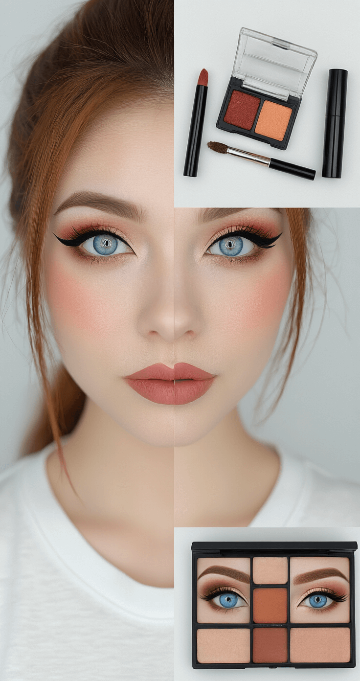 I Kept Getting Asuka's Look Wrong Until I Figured Out These Makeup Tricks A split-screen image showing a makeup tutorial for Asuka cosplay transformation: the left side features a natural makeup look, while the right side displays the fully transformed appearance. The scene is illuminated by soft, natural light in a minimalist white studio, with makeup products like eye tape, reddish-brown eyeshadow, black eyeliner, and blue contact lenses arranged neatly. Close-up shots highlight the application of contouring and eye makeup techniques.