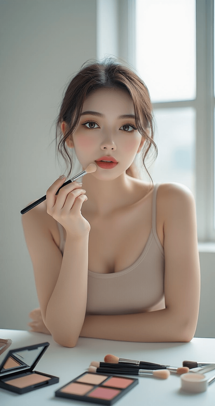 Cosplay Lip Makeup: Real Techniques That Actually Transform Your Character Look Ultra-realistic beauty shot of a young professional cosplayer applying lip makeup with precision in a minimalist studio, featuring soft natural lighting, a neutral sleeveless top, and meticulous makeup arrangement on a white surface.