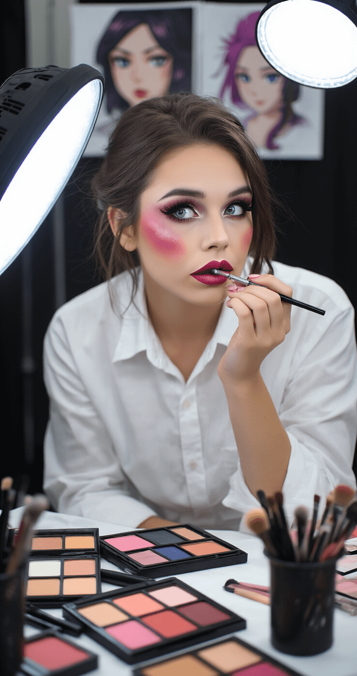 Cosplay Lip Makeup: Real Techniques That Actually Transform Your Character Look A cosplayer in a white shirt carefully applies lip contour makeup in a well-lit workspace, surrounded by reference images and arranged makeup tools, capturing the intricate details of her techniques in soft focus.