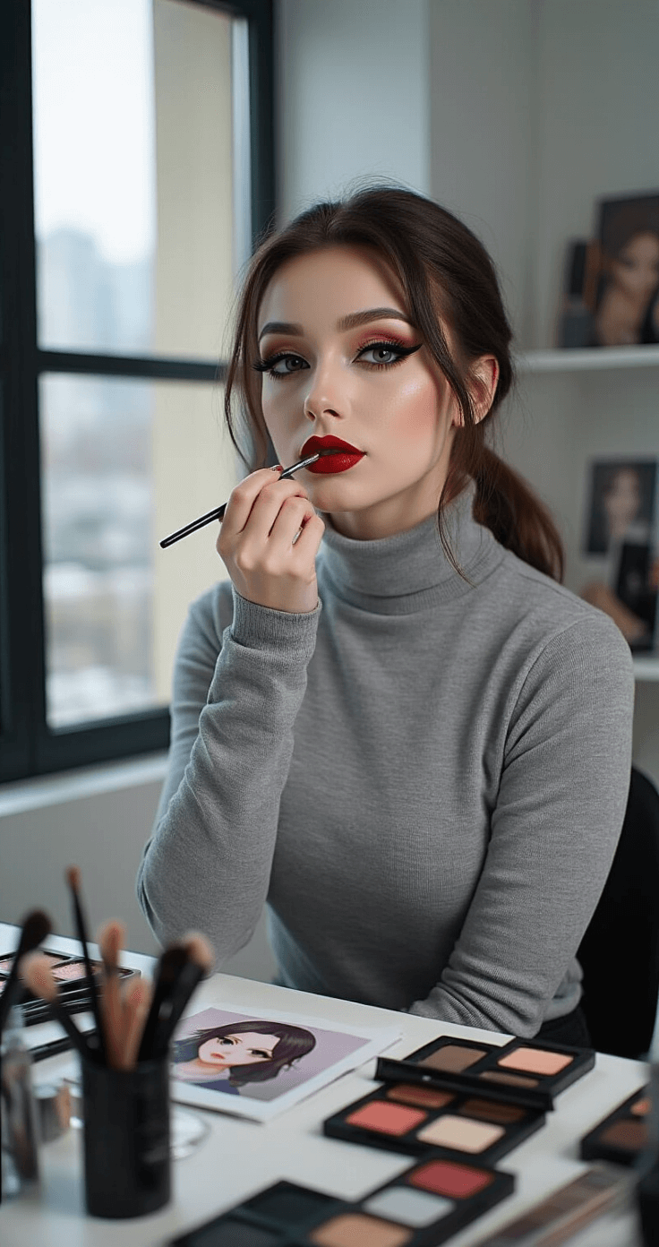 Cosplay Lip Makeup: Real Techniques That Actually Transform Your Character Look A beauty shot of a cosplay makeup artist in a minimalist grey turtleneck, transforming lips to resemble an anime character in a bright modern studio with large windows, surrounded by makeup tools and reference images, illuminated by soft natural daylight.
