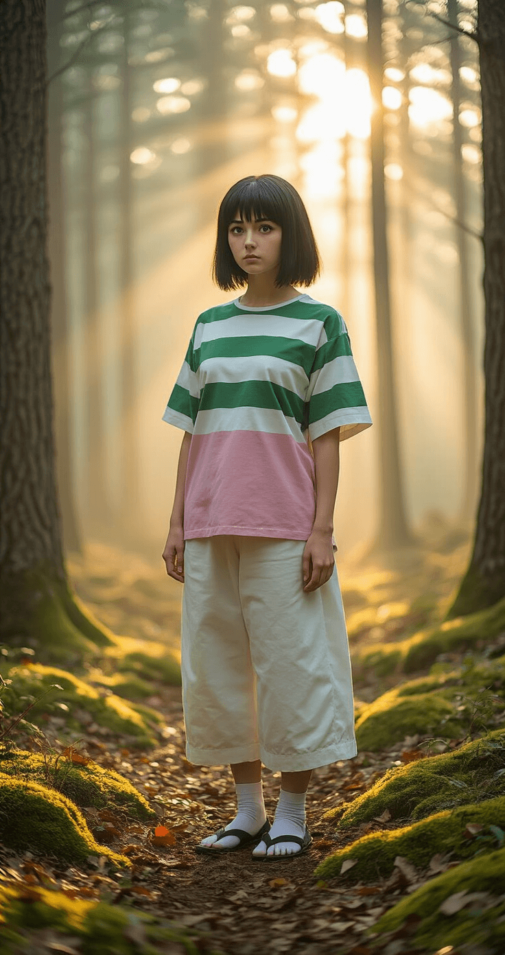 A young woman cosplaying as Chihiro from Spirited Away stands in a misty forest clearing, dressed in a green and white striped shirt with a pink t-shirt underneath. Soft golden light filters through the pine trees, highlighting her expression of quiet determination amidst soft moss and fallen leaves.