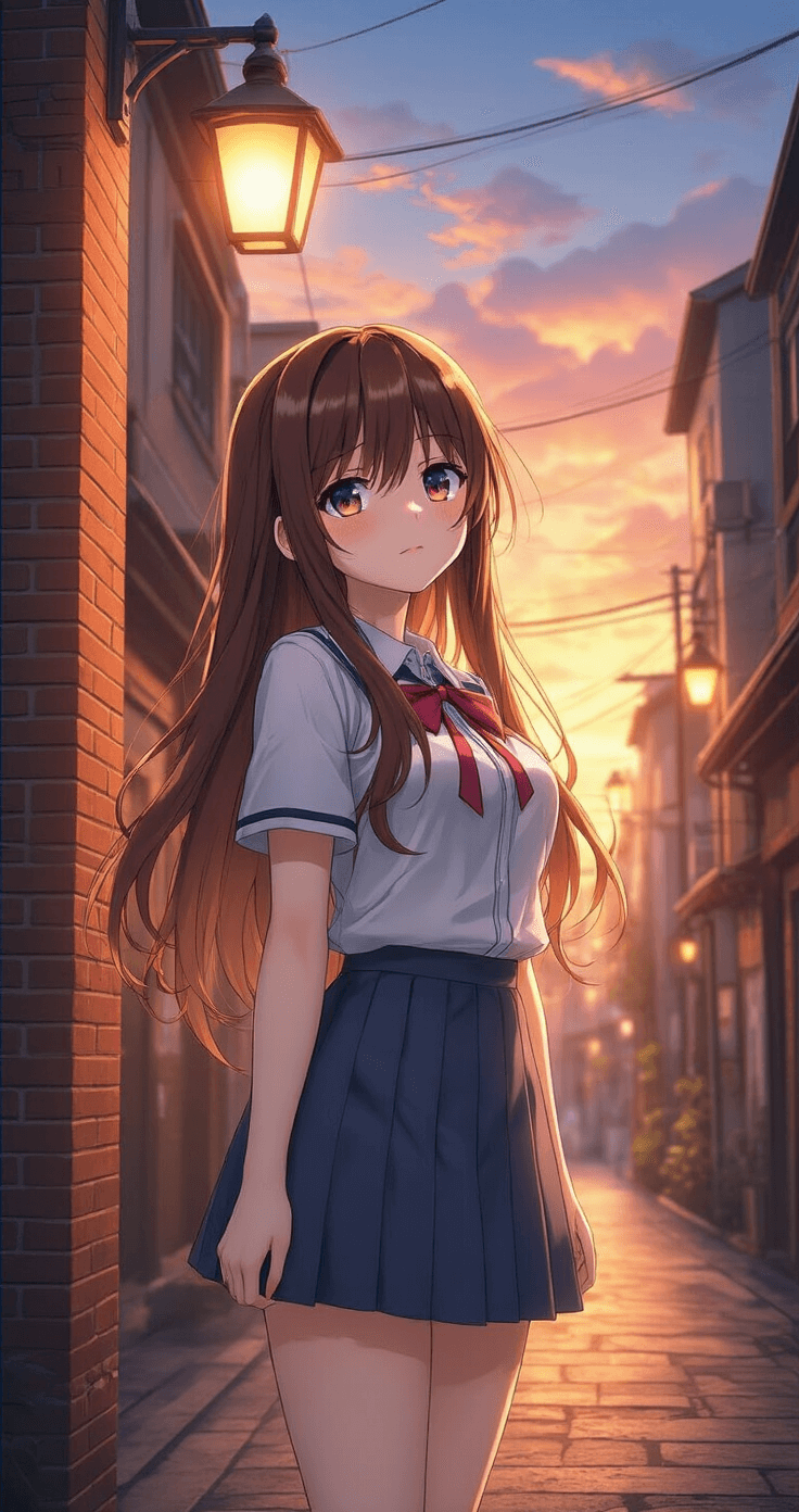 A high-fashion anime cosplay of Miku Nakano from The Quintessential Quintuplets, in her school uniform, stands in an urban Japanese street during sunset. Her long brown hair is perfectly styled, and she poses contemplatively near vintage brick buildings, with dramatic side lighting from overhead streetlamps highlighting her shy yet evolving personality.