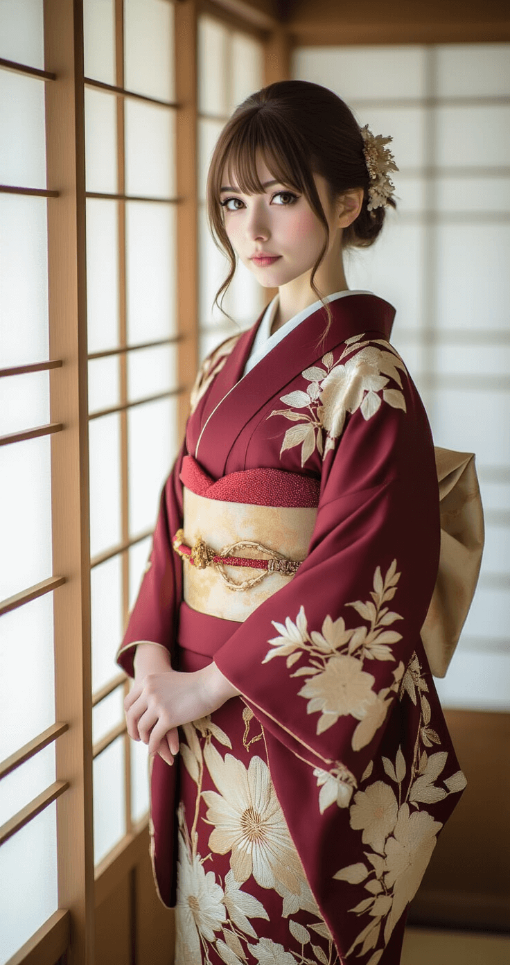 A cosplayer portraying Miyo Saimori from My Happy Marriage in a traditional Japanese indoor setting, wearing a detailed burgundy and cream kimono with silk embroidery, positioned by shoji screens with soft sunlight, exuding vulnerability and inner strength.