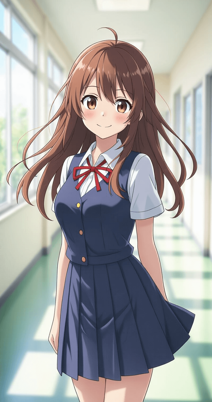 A playful scene featuring Takagi from Teasing Master Takagi-san in a bright high school corridor, wearing a classic Japanese school uniform with long, slightly windswept brown hair. Her mischievous smile embodies her teasing personality, while natural daylight floods the space through large windows.