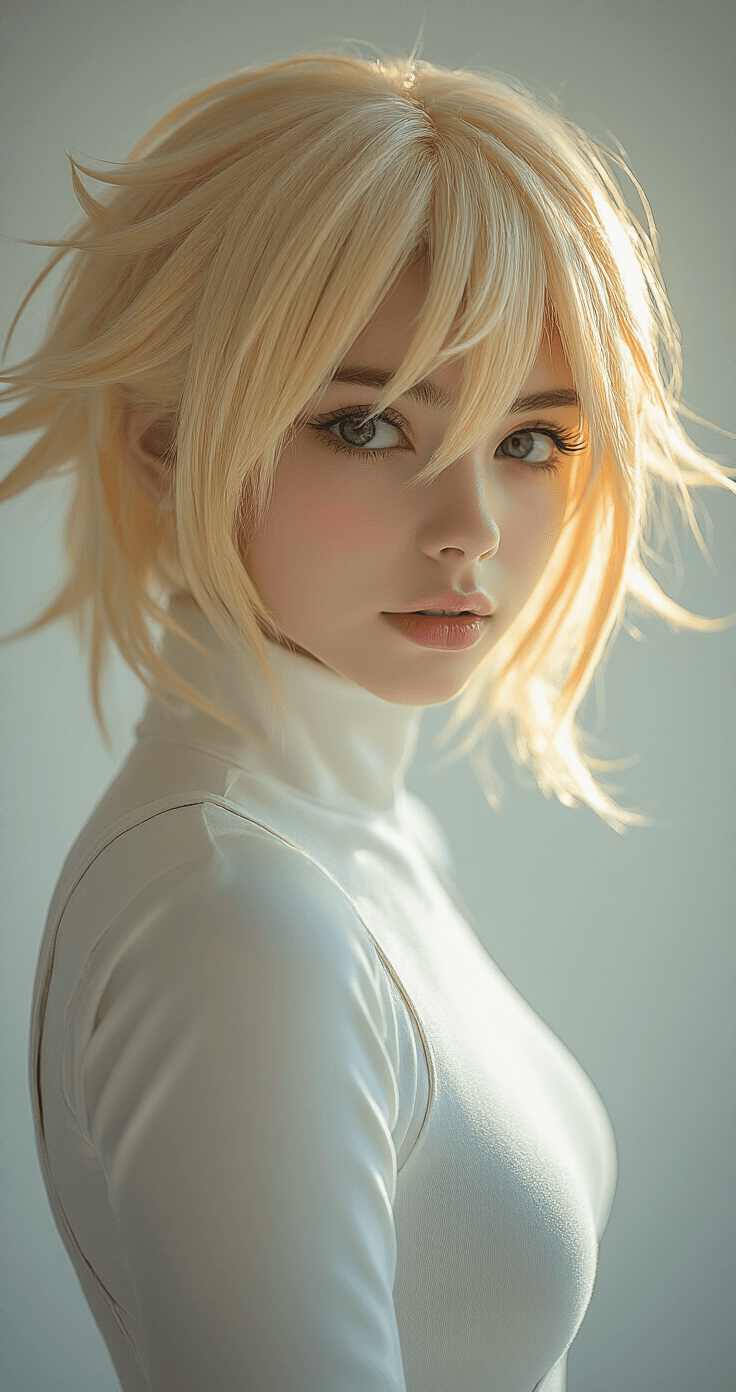Cinematic close-up of a young female cosplayer with a perfectly styled anime character wig, showcasing intricate spiky layers and a vibrant color gradient, in a softly lit studio with a white backdrop. She wears a fitted white costume, surrounded by professional styling tools, with warm golden hour lighting emphasizing the wig's texture and details.
