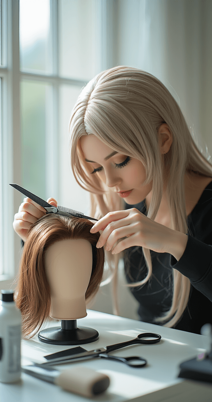 A female cosplayer meticulously trims synthetic wig fibers with professional shears at an elegant white vanity, surrounded by styling tools, as natural daylight streams through large studio windows, highlighting her careful point-cutting technique.