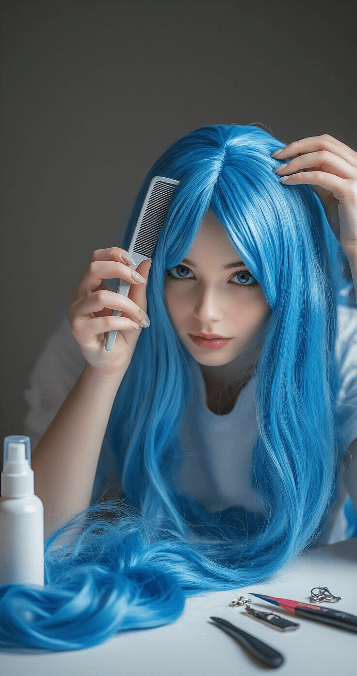 A close-up of a female cosplayer's hands detangling a vibrant blue synthetic wig with a wide-tooth comb on a minimalist workstation, showcasing wig styling tools and soft ambient lighting that highlights the wig's intricate fiber textures.