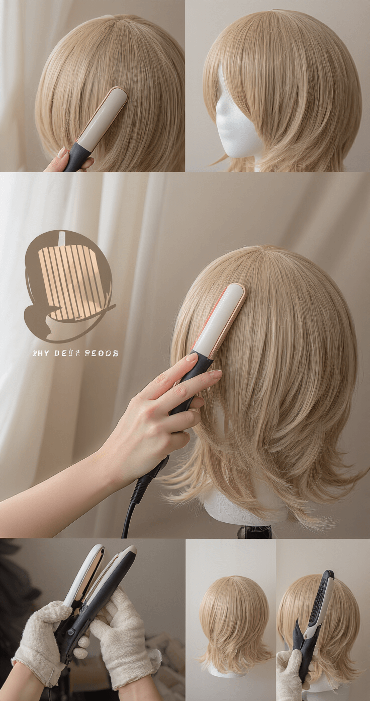 Close-up of a female stylist's hands using a flat iron on a heat-resistant synthetic wig, showcasing precise technique with professional styling tools, bathed in soft studio lighting.