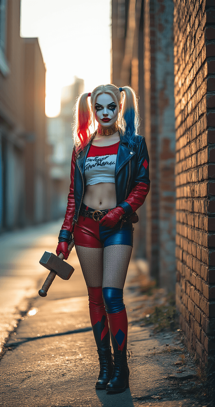 A female cosplayer in a bold Harley Quinn costume, featuring red and blue color blocking, stands on a gritty urban street corner during golden hour. She has dramatic comic book-inspired makeup, an askew leather jacket, and holds an oversized hammer, set against industrial brick wall textures with soft natural lighting creating shadows.