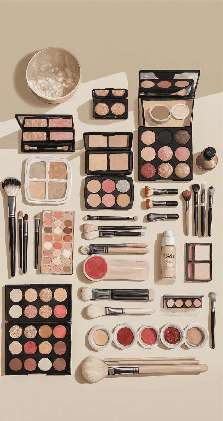 A meticulously organized cosplay makeup kit featuring a variety of makeup products and brushes arranged by size and type, illuminated by soft natural window light. The layout includes color-coded eyeshadow palettes and special effects products like liquid latex and fake blood, all styled in neutral beige and white for a minimalist aesthetic, captured from an overhead perspective to emphasize organizational precision.