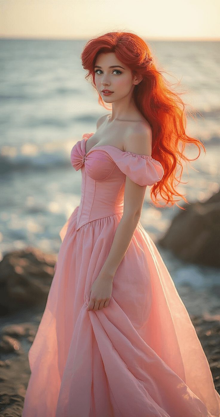Redhead Cosplay Ideas That'll Make You Stand Out at Any Con A playful cosplayer dressed as Ariel from The Little Mermaid stands on a rocky beach in late afternoon light, wearing her classic pink dress with windswept red hair, surrounded by soft ocean waves and warm golden lighting that highlights the fabric textures and coastal scenery.