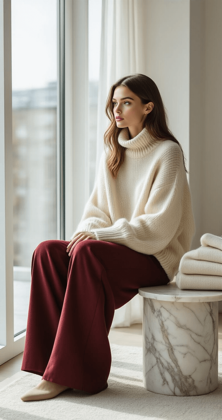 Creating Joker Cosplay Makeup: The Complete Step-by-Step A model wearing an oversized cream wool sweater and tailored burgundy wide-leg trousers sits by floor-to-ceiling windows in a minimalist Scandinavian-inspired apartment, surrounded by soft natural light and elegant styling elements like folded cashmere throws and a marble side table.