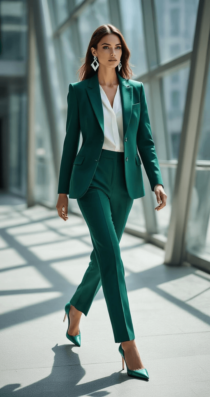 Creating Joker Cosplay Makeup: The Complete Step-by-Step A confident professional woman in a tailored emerald green power suit with cut-out details walks through a glass-and-steel financial district, wearing a crisp white silk blouse and matching emerald stiletto heels, accented by oversized silver earrings, as midday sunlight casts sharp geometric shadows around her.