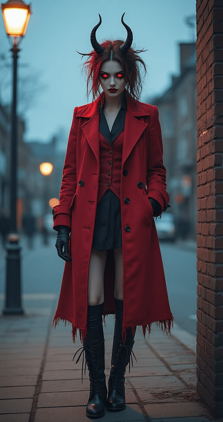 How to Nail Your Alastor Cosplay from Hazbin Hotel (Without Losing Your Mind) A female model in a dramatic Alastor cosplay, featuring a tailored red coat with rough edges, black vintage boots, and striking demon-inspired makeup with red contact lenses, poses at a moody urban street corner during twilight, illuminated by a soft street lamp. Her wild spiked hair includes subtle antler details, enhancing the vintage gentleman meets demonic aesthetic, complemented by layered textures of wool, leather, and distressed fabric.