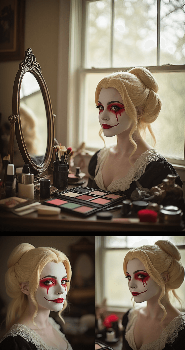 How to Nail Your Alastor Cosplay from Hazbin Hotel (Without Losing Your Mind) Behind-the-scenes of a female Alastor cosplay preparation, featuring a detailed vanity setup with makeup products, a vintage mirror, and cosplay accessories. The scene is illuminated by soft natural light, showcasing a close-up of red face paint application, wig styling techniques, and precise makeup details like extended eye lines and an exaggerated smile, along with vintage props carefully arranged.