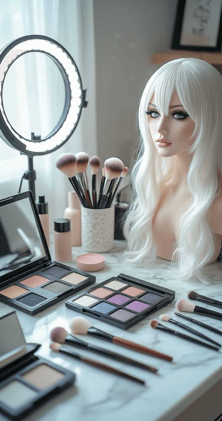 A stylish cosplay makeup artist's workspace featuring a marble-topped vanity, scattered makeup products, professional lighting, precisely arranged brushes, open cool-toned eyeshadow palettes, a partially styled white wig on a stand, and soft natural daylight illuminating the minimalist setup.