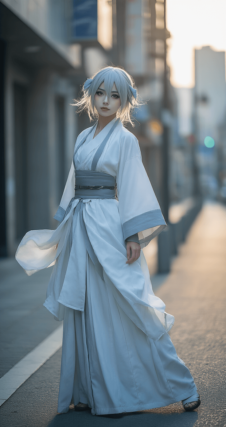 A cosplay model inspired by Kazuha stands at an urban street corner during golden hour, showcasing intricate makeup and a flowing white and gray layered outfit. Her hair and clothing are gently moved by the wind, set against a softly focused architectural background in cool silvery blues and muted grays, with cinematic lighting enhancing the ethereal atmosphere.