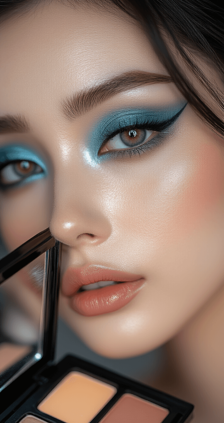 Close-up of a model's face during the Kazuha-inspired cosplay makeup process, highlighting blended cool-toned eyeshadow, precise contouring, and skin texture, with professional brushes and palette softly blurred in the background under natural light.
