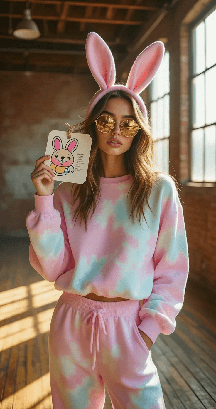 A young fashion model in a pastel pink tie-dye sweatsuit and felt bunny ears poses in a sunlit urban loft, wearing round gold-rimmed sunglasses and holding a large Beanie Baby tag, with soft morning light illuminating the vintage hardwood floors and highlighting the 90s aesthetic.