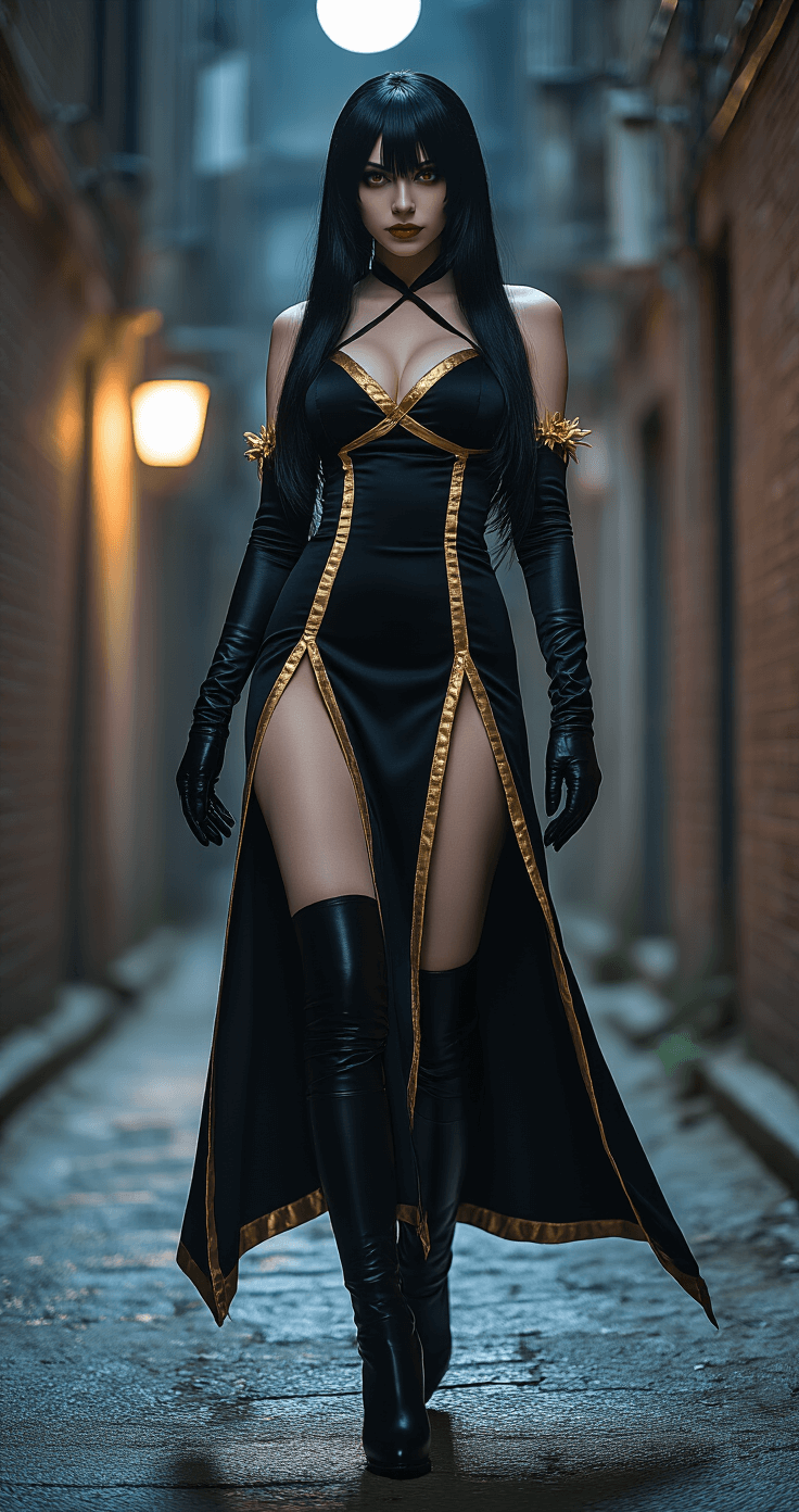 How to Nail Your Yor Forger Cosplay Like a Total Pro Ultra-detailed fashion photo of a female cosplayer as Yor Forger in a black assassin dress with gold rose trim, posed dynamically in a dimly lit urban alleyway under soft moonlight. The scene highlights her high thigh slit and elegant black gloves, with a hyper-realistic styling of a long black wig with red undertones and precise makeup, capturing a confident assassin expression. Cinematographic lighting emphasizes the fabric texture and silhouette.