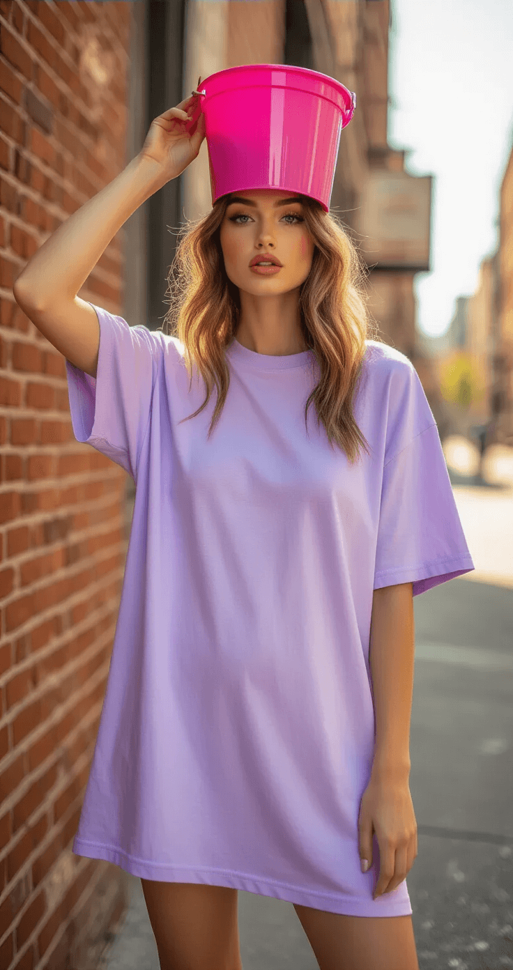 A millennial woman in a pastel lavender oversized t-shirt dress and a bright pink plastic beach bucket headpiece strikes a playful pose on a sunlit street corner, surrounded by vintage brick walls, channeling early 2000s Lip Smacker nostalgia with exaggerated makeup and ironic fashion.