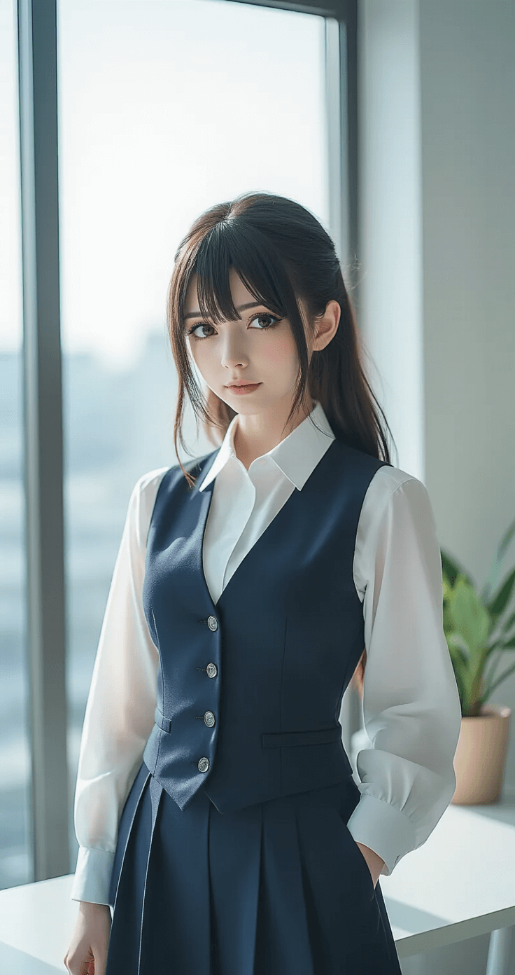 How to Nail Your Yor Forger Cosplay Like a Total Pro A female cosplayer dressed as Yor Forger in a casual city hall employee outfit stands by a minimalist white desk. She wears a crisp white blouse and a dark tailored vest, with soft natural morning light streaming through large office windows. The setting is an authentic workplace, showcasing professional styling, precise hair and makeup, and capturing Yor's awkward yet elegant demeanor in muted colors of whites and deep navy.