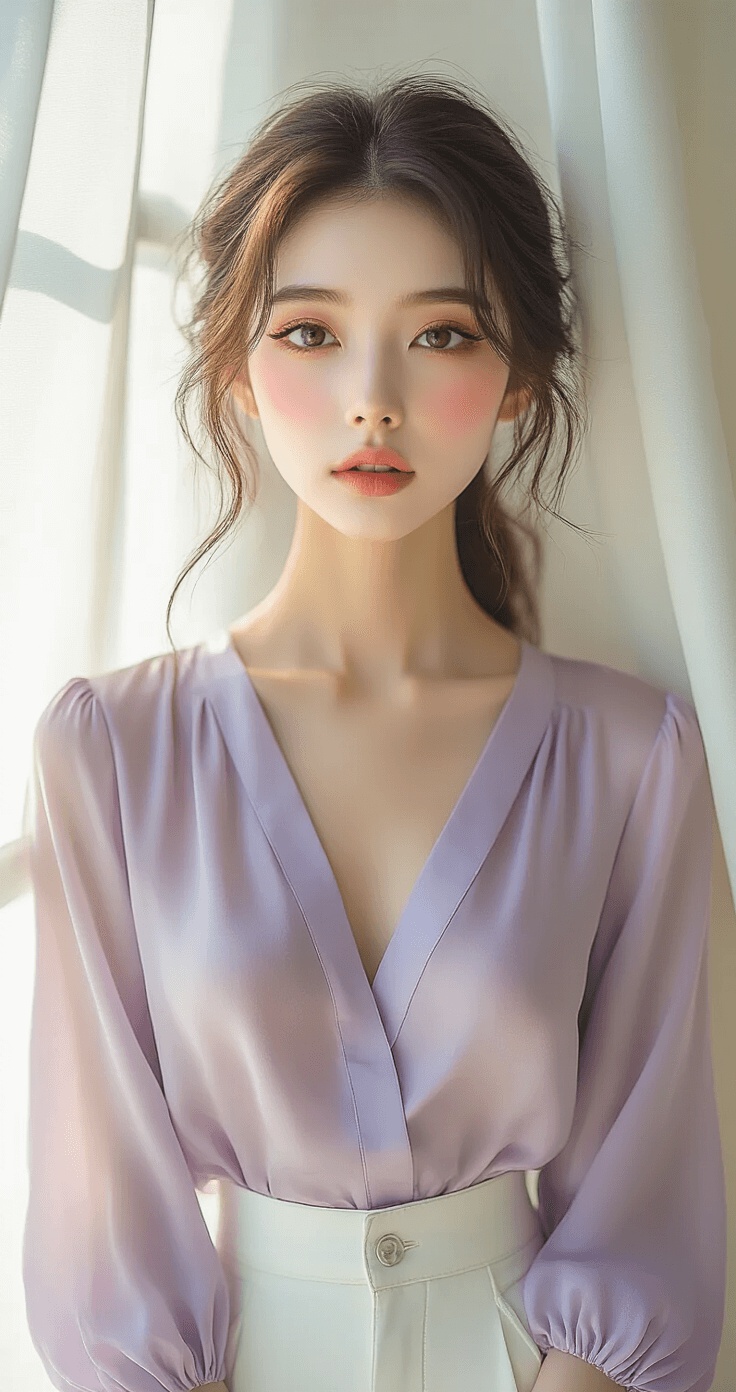 A delicate Asian model with soft pink cosplay makeup, wearing a pastel lavender silk blouse and high-waisted white wide-leg trousers, poses in soft golden hour lighting near a minimalist white backdrop with gentle fabric draping.