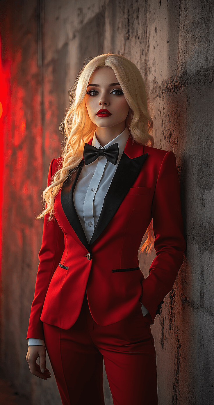 Hazbin Hotel Cosplay: Your Ultimate Guide to Nailing Your Favorite Character Look A blonde female cosplayer dressed as Charlie from Hazbin Hotel poses confidently in a dimly lit urban studio, wearing a tailored red tuxedo jacket with black lapels, a crisp white shirt, and a black bowtie, against a textured concrete wall highlighted by dramatic red and black lighting with soft golden hour highlights.