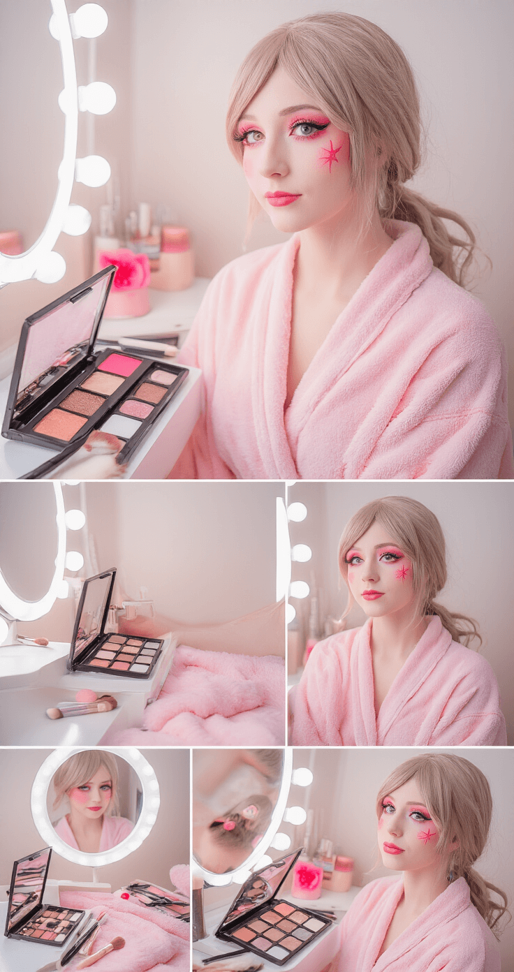 Close-up of a professional vanity showcasing a pink cosplay makeup transformation, featuring various makeup application stages, multiple eyeshadow palettes, brushes, and beauty tools. A model in a soft cotton robe is surrounded by soft pink and white textures, with makeup products arranged to demonstrate a step-by-step process.