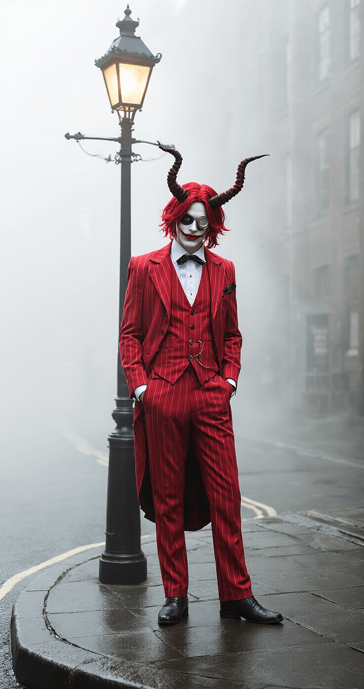 Hazbin Hotel Cosplay: Your Ultimate Guide to Nailing Your Favorite Character Look A male cosplayer dressed as Alastor stands on a foggy street corner, adorned in a vintage red pinstripe suit, featuring a red-to-black wig, monocle, and crafted demon antlers. The scene is illuminated by an antique streetlamp, casting dramatic shadows, while the cosplayer strikes a theatrical pose, showcasing a painted creepy smile that captures the unsettling essence of the character.