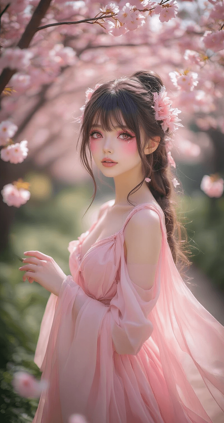 High-fashion editorial photo of a cosplay model in a flowing pink chiffon dress, styled as a magical girl in an outdoor garden with cherry blossom trees and pastel flowers, bathed in soft morning light.