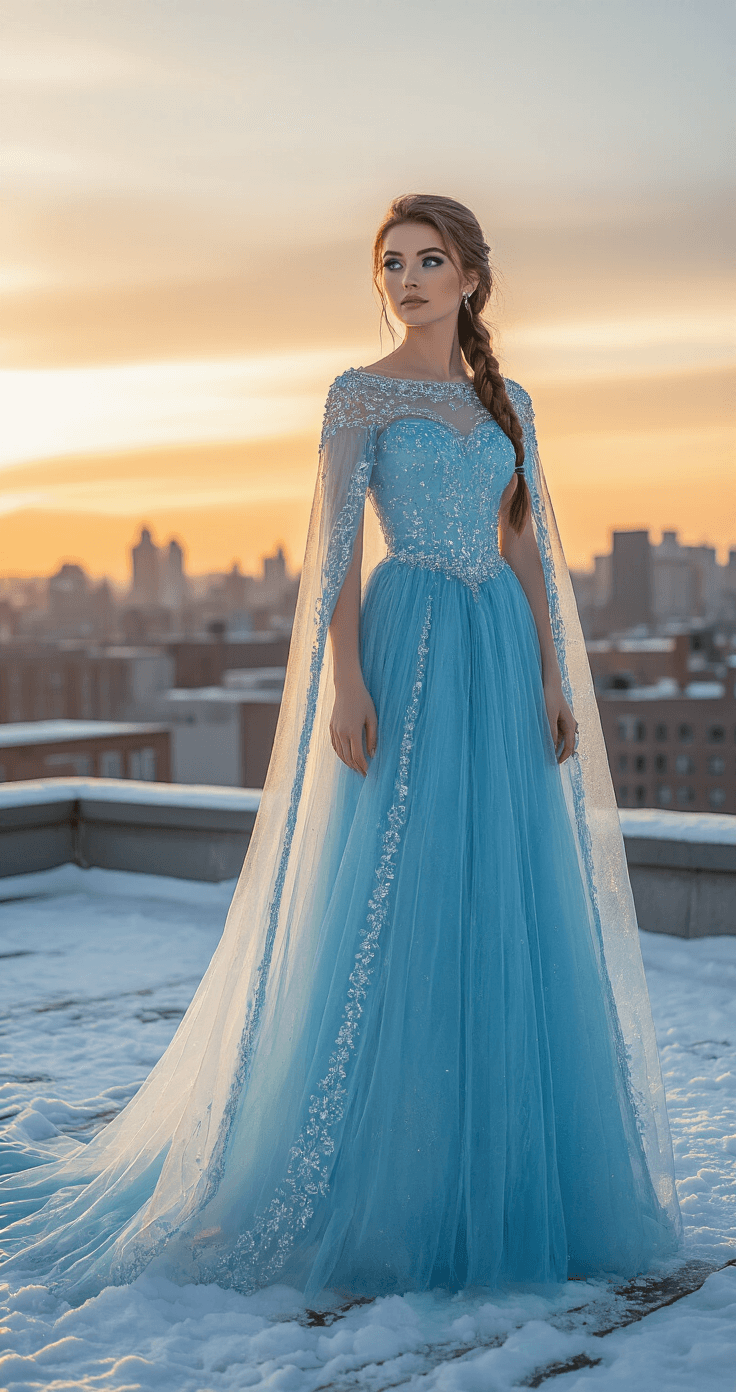 A confident young woman in a vibrant ice blue ballgown stands on a snow-dusted urban rooftop during golden hour, showcasing a dramatic billowing cape and intricate crystal embellishments, with soft winter sunlight illuminating her layered dress and the dramatic sky backdrop.