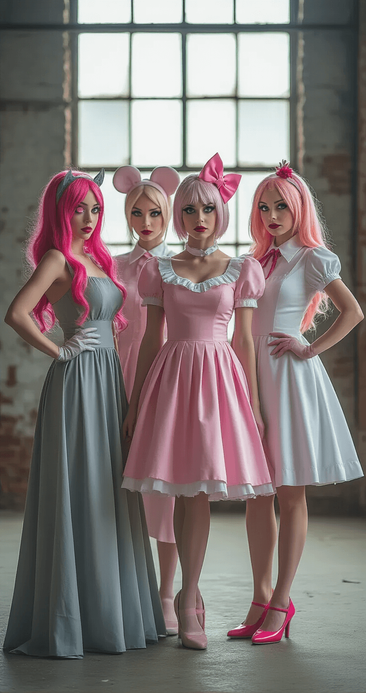 Hazbin Hotel Cosplay: Your Ultimate Guide to Nailing Your Favorite Character Look A colorful cosplay gathering featuring Hazbin Hotel characters Vaggie, Angel Dust, and Niffty, each in meticulously crafted costumes, posed with props in a photography studio illuminated by soft window light.