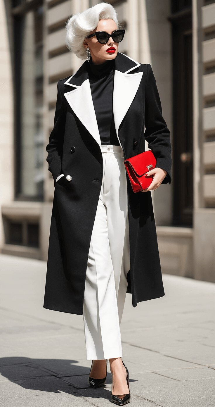A plus-size model in a chic urban street corner wearing a black and white Cruella de Vil inspired coat, wide-leg trousers, and patent leather stilettos, accessorized with a vintage red clutch, a statement white wig in an updo, and dramatic sunglasses, against a backdrop of architectural elements in bright midday light.