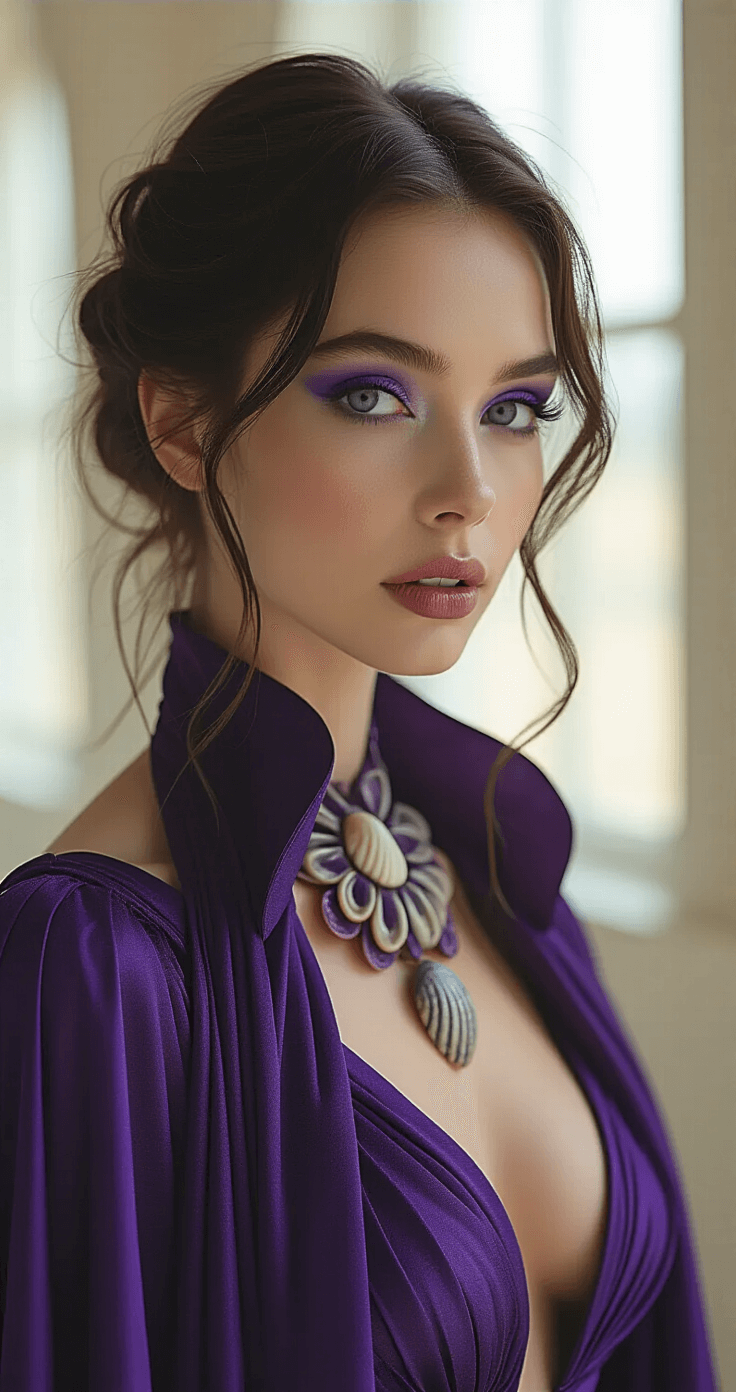 A close-up of a model in a meticulously styled Ursula costume featuring deep purple ombre fabric and a dramatic tentacle silhouette, adorned with an intricate shell necklace. The image captures the bold purple and gray contouring of the dramatic makeup, set in a warmly lit minimalist studio with soft ambient window light, creating an ethereal mood.