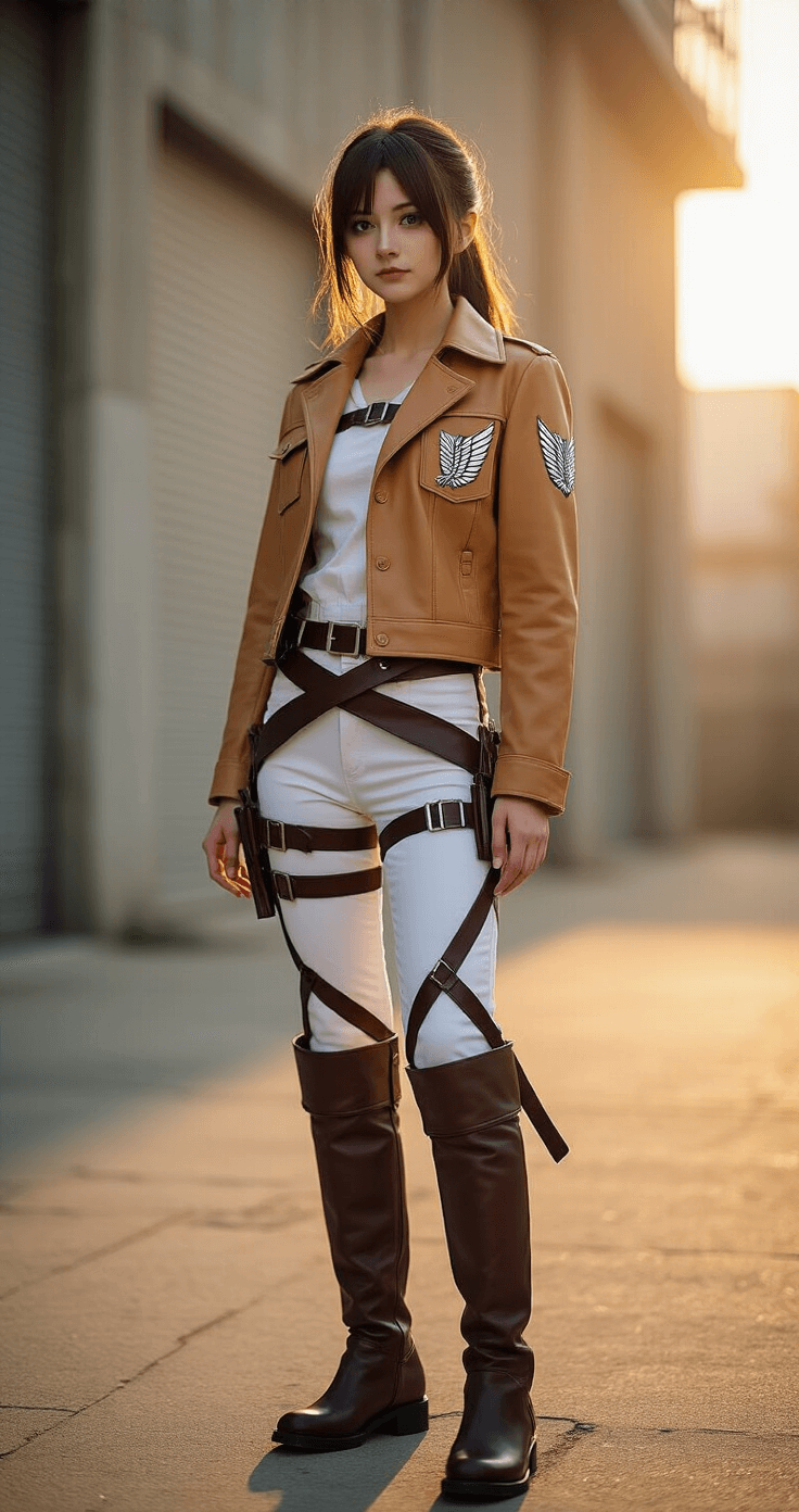 A cosplay model in a tan Attack on Titan Survey Corps jacket with the Wings of Freedom emblem, set in an urban industrial backdrop, illuminated by soft golden hour light, showcasing detailed leather harnesses, fitted white pants, and dark brown knee-high boots, captured with a shallow depth of field.
