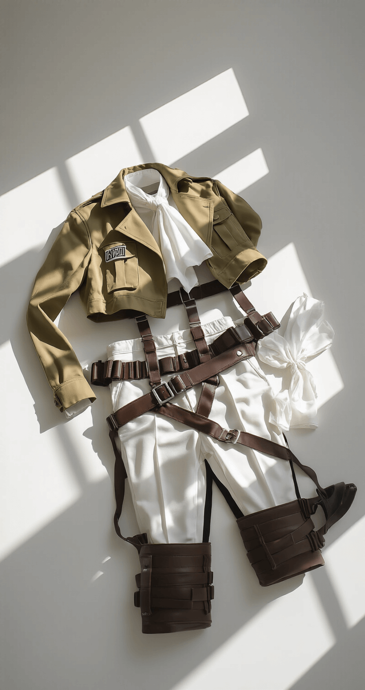 Highly detailed image of Levi Ackerman costume pieces laid out on a minimalist white surface, featuring a khaki military jacket, white pants, brown leather harness, white cravat, and a black wig, with dramatic side lighting highlighting textures and shadows.