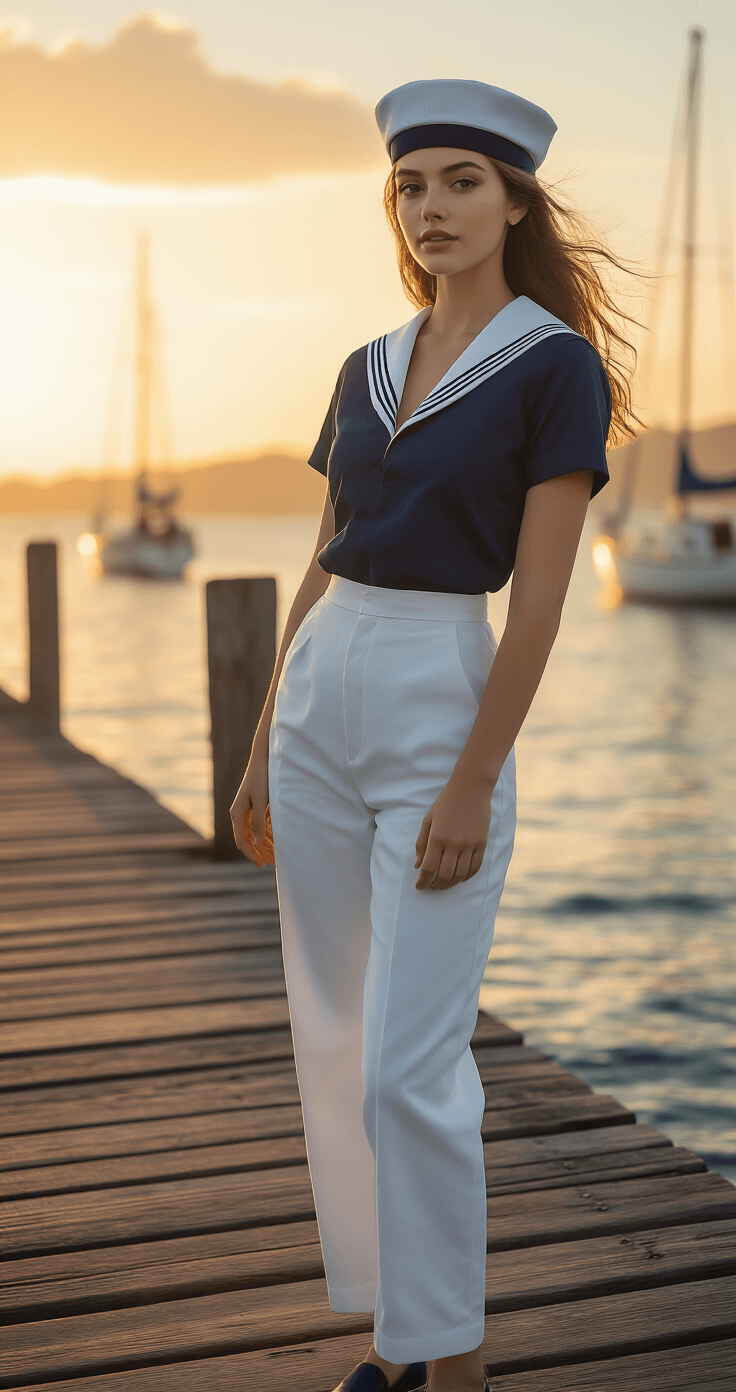 A young woman in a classic navy sailor costume stands confidently on a rustic wooden pier during sunset, wearing a navy square-collar top, white pants, and a tilted sailor's cap. Soft warm light highlights her silhouette, casting shadows on the planks, with misty ocean waters and sailing boats softly blurred in the background.