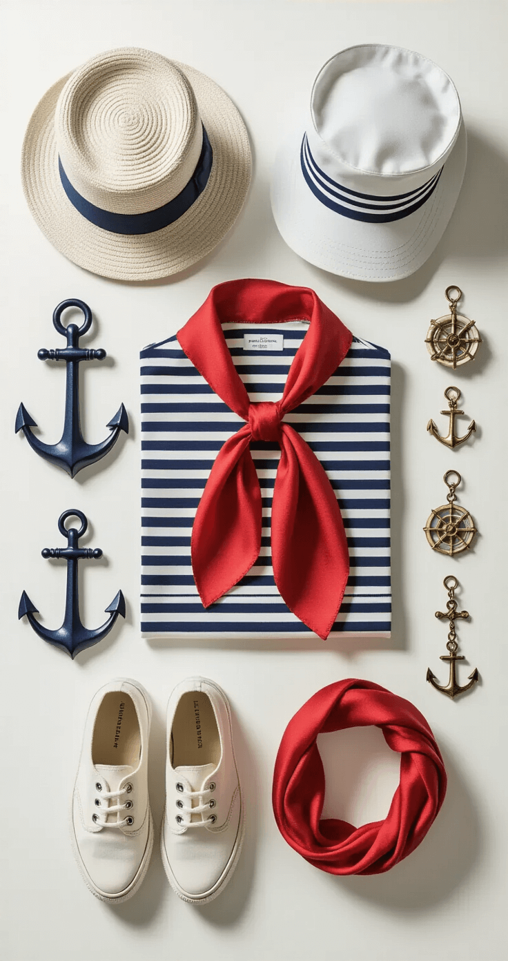 A flat-lay composition featuring vintage sailor accessories on a white surface, including a sailor hat, navy striped shirt, red silk scarf, anchor tattoos, canvas shoes, and nautical jewelry, bathed in soft, diffused natural light.