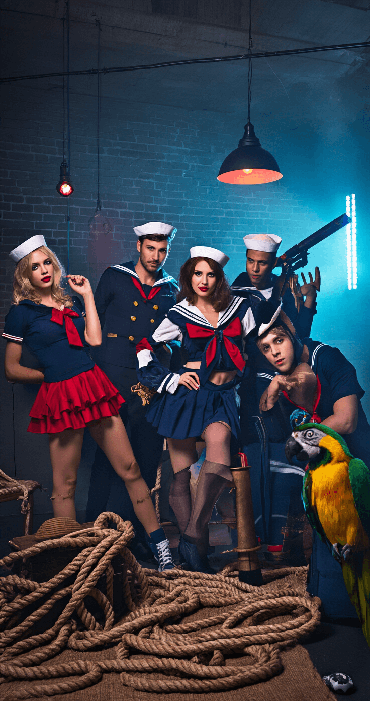 A lively Halloween party scene in a stylish urban loft, featuring a diverse group of friends in various sailor costumes, from classic navy uniforms to playful interpretations like Popeye and sexy sailor styles. The setting is enhanced by dramatic lighting, deep shadows, and colorful accent lights, with props like telescopes, fake parrots, and nautical ropes adding to the fun atmosphere.