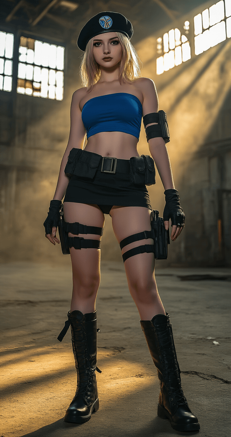 High-resolution image of a female cosplayer dressed as Jill Valentine from Resident Evil 3, featuring her blue tube top, black tactical mini skirt, and S.T.A.R.S. beret, posed in an urban industrial warehouse with dramatic lighting and soft golden hour sunlight casting shadows that enhance her tactical accessories.