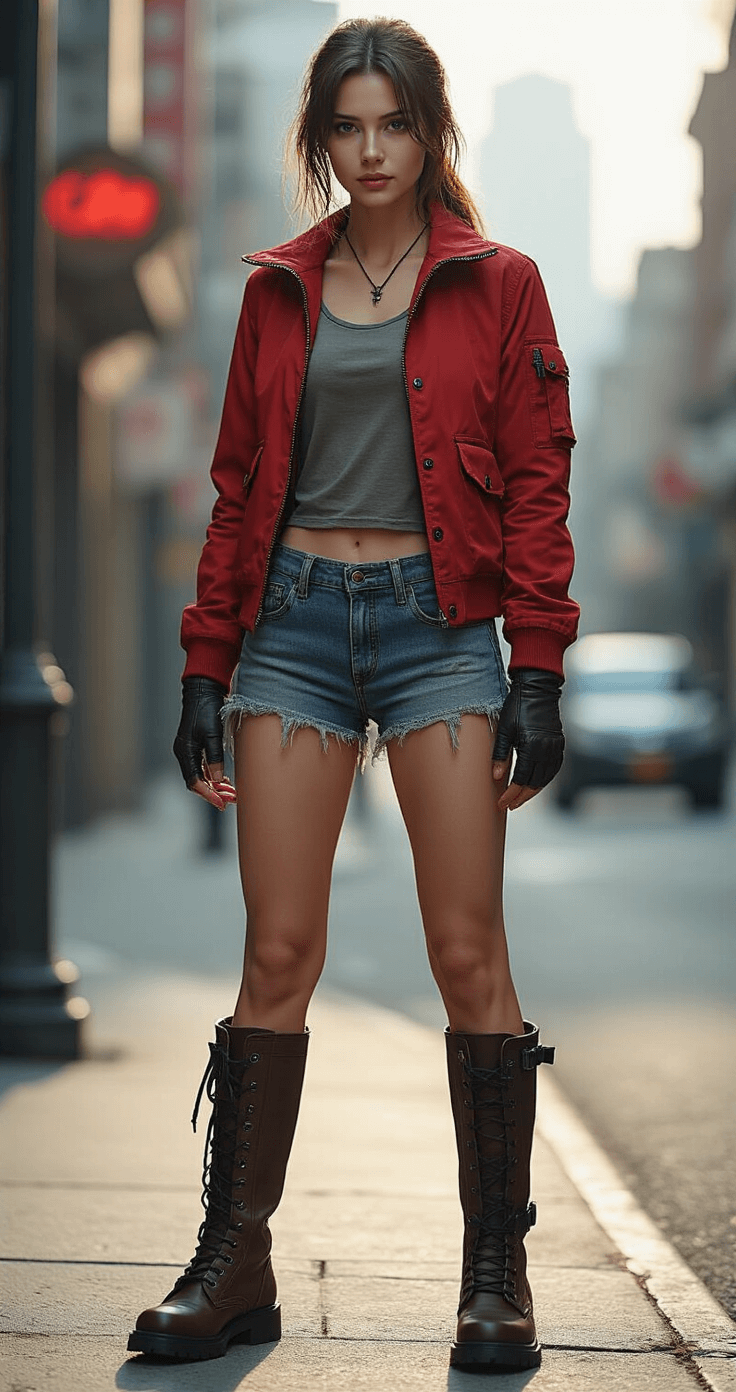 A model dressed in Claire Redfield's remake costume stands at an urban street corner, wearing a layered red zip-up jacket, distressed denim shorts, and knee-high combat boots. Soft afternoon sunlight highlights the textures of her casual-tactical style, complemented by a small tactical backpack and leather gloves.