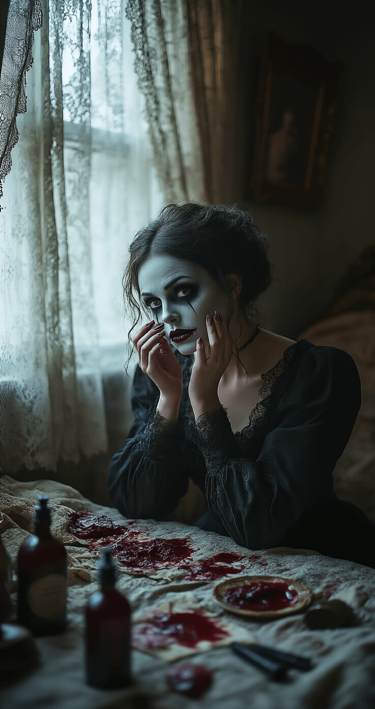A woman applying ghost makeup in a vintage bedroom with dim amber lighting, surrounded by prosthetic wounds and costume pieces, captured from a slightly overhead angle.