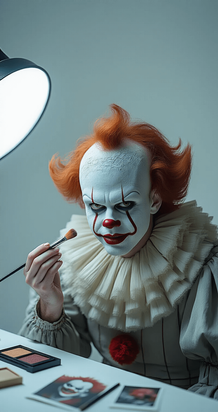 A performer in a minimalist white studio applies Pennywise clown makeup, showcasing close-up details of face paint application with professional brushes and costume pieces. Dramatic overhead lighting casts high-contrast shadows, highlighting the unsettling transformation with a cold color palette of whites, grays, and muted reds.