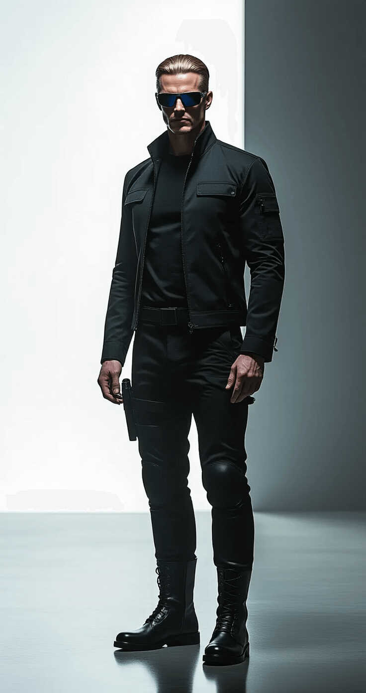 A male model showcases Albert Wesker's villainous style in an all-black tactical outfit, complete with reflective sunglasses, in a minimalist setting illuminated by dramatic side lighting. His crisp black jacket, fitted pants, and polished leather boots create a striking and menacing silhouette, highlighting clean lines and a cold demeanor.