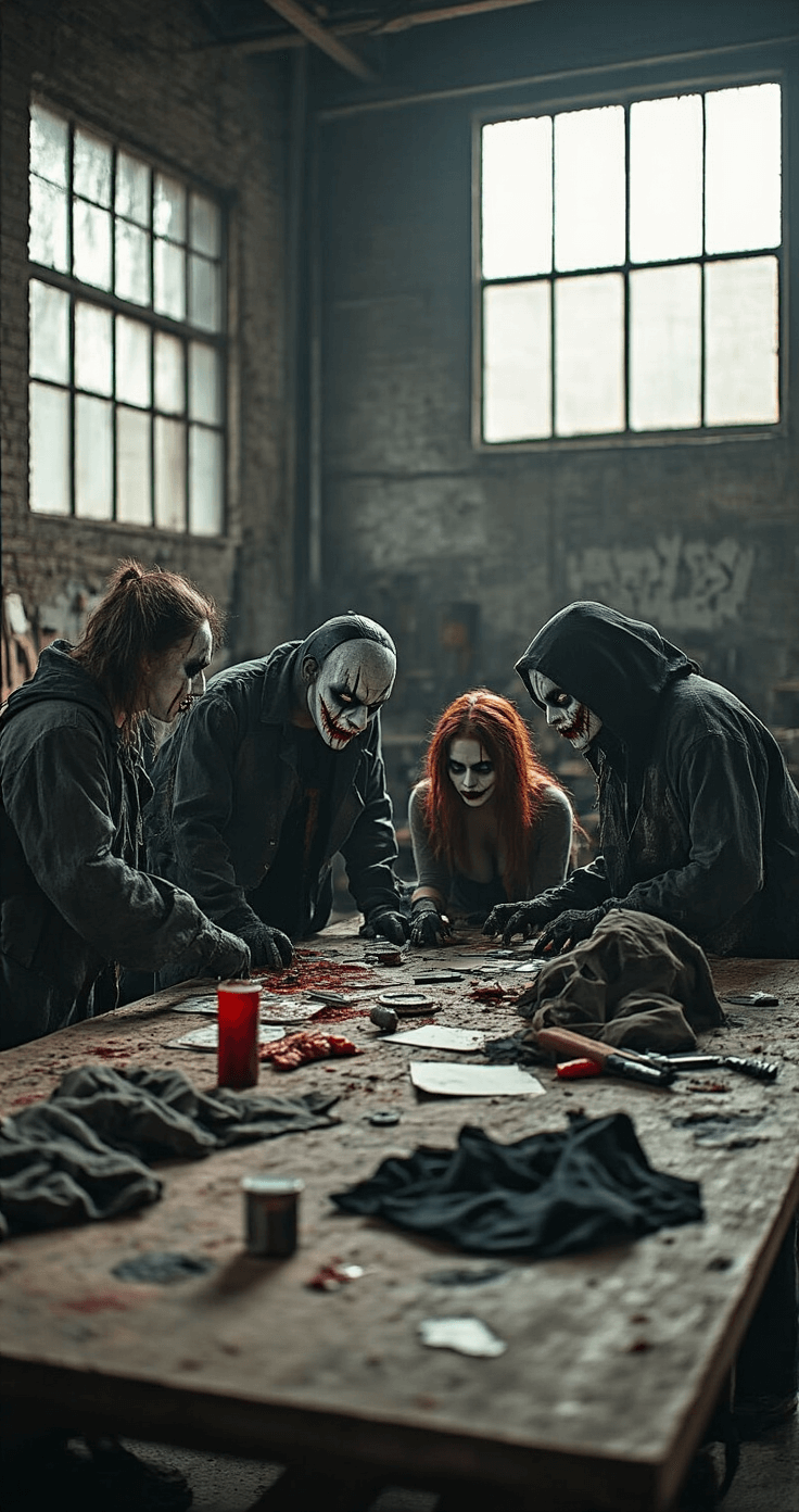 A gritty industrial warehouse scene features a group of friends working together at a large distressed wooden table, filled with costume pieces, makeup supplies, and reference images. Soft afternoon light filters through large windows, illuminating their collaborative effort to create a coordinated horror movie villain ensemble, showcasing layers of torn fabrics, prop weapons, and dramatic makeup effects in a muted color palette of grays, blacks, and hints of blood-red.