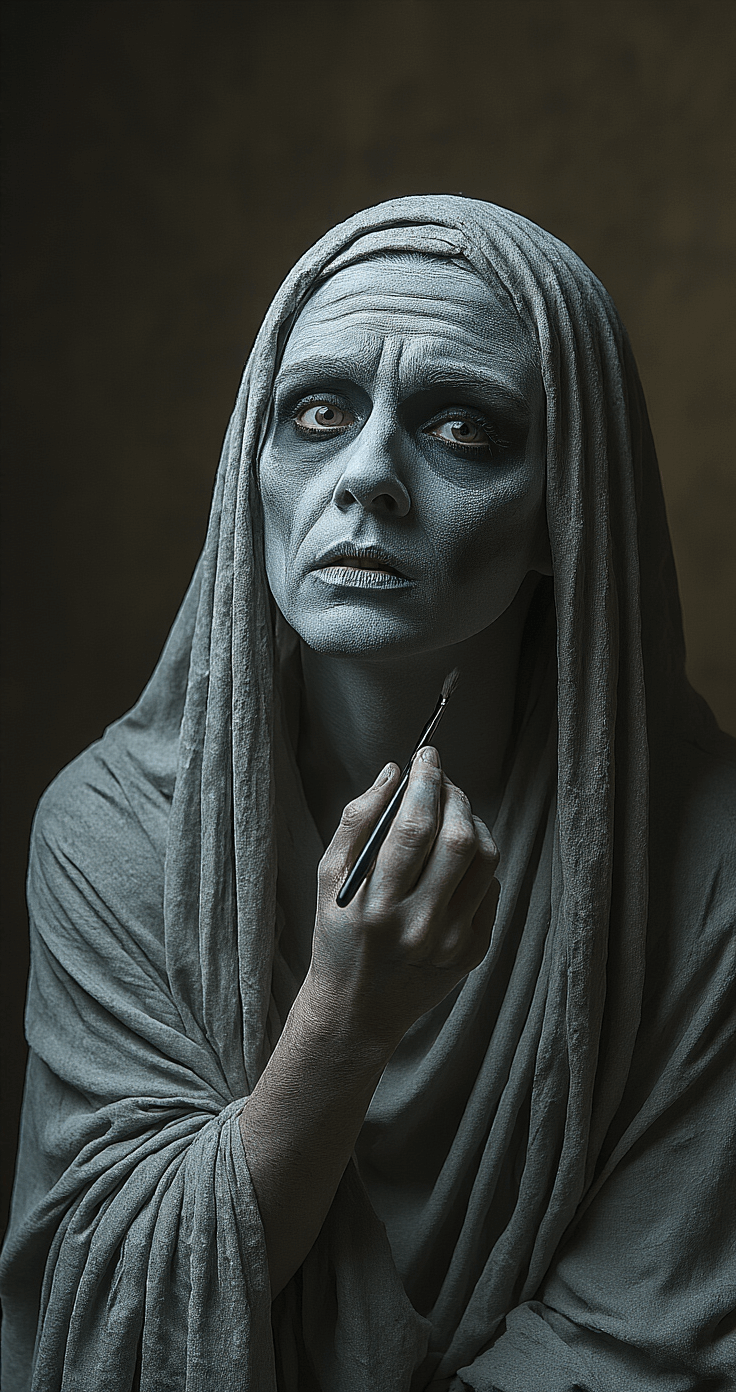 A performer in a dimly lit photography studio applies intricate Weeping Angel costume makeup, with full-body gray paint and stone-textured fabric, surrounded by professional makeup tools, captured in a hyper-realistic style with a cool, desaturated color palette.