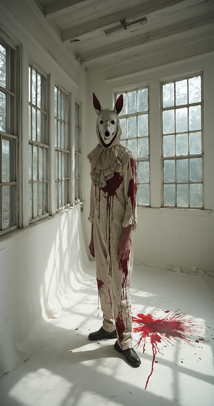 A performer in an avant-garde photography studio designs an abstract animal mask costume, surrounded by vintage clothing and realistic animal masks. The scene features strategic blood splatter and unsettling details, illuminated by dramatic lighting that casts deep shadows. A muted color palette is accented by bursts of crimson and deep forest green.