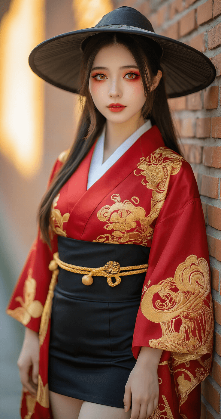 Photorealistic portrait of a young woman in a Hu Tao cosplay, featuring a crimson kimono-style top, high-waisted black skirt, and wide-brimmed hat, set against a vintage brick wall during golden hour. Her warm-toned makeup includes red gradient eyeshadow and peachy-pink lip tint, with soft natural lighting accentuating the intricate costume details.