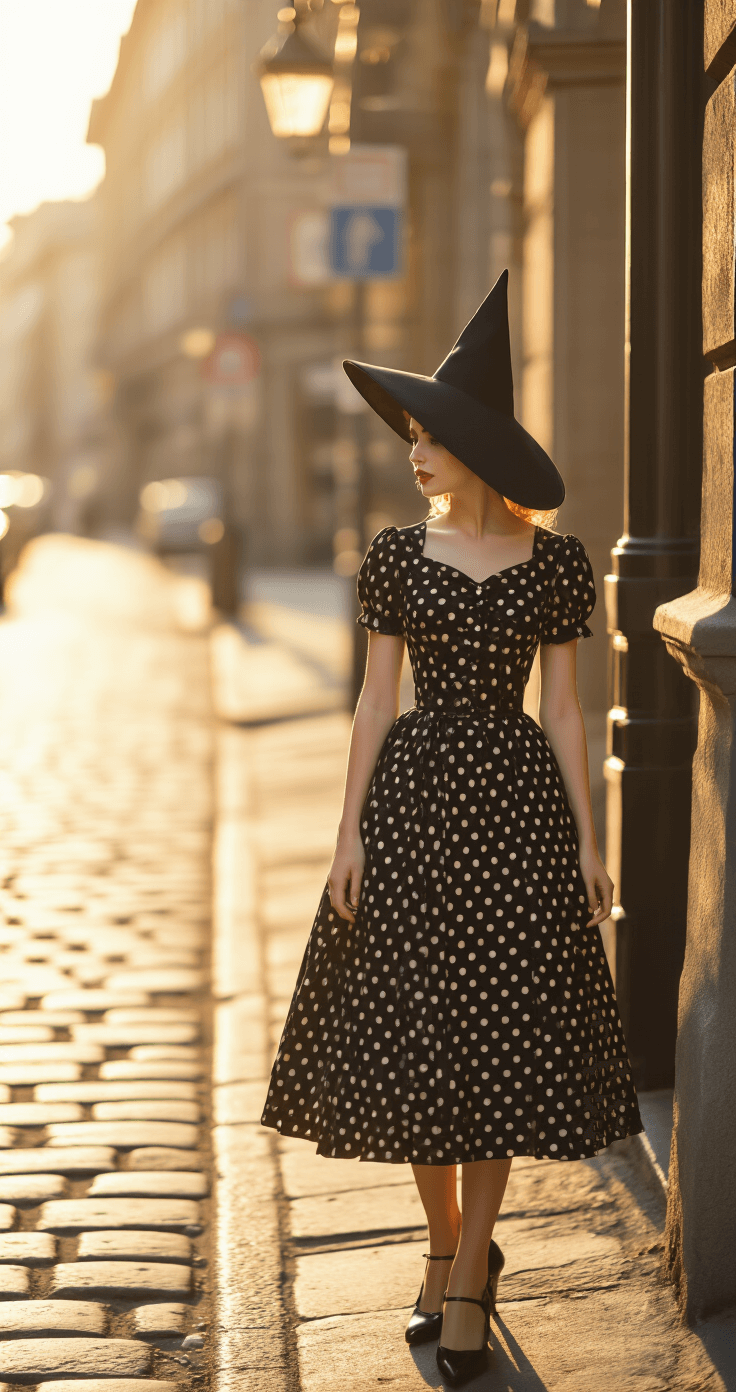 Witch Costumes for Women: Finding the Perfect Spellbinding Look A young woman in a vintage 1950s black witch-inspired polka dot dress and matching pointed hat stands on a cobblestone street corner during golden hour, with warm sunlight casting soft shadows and highlighting intricate fabric textures.